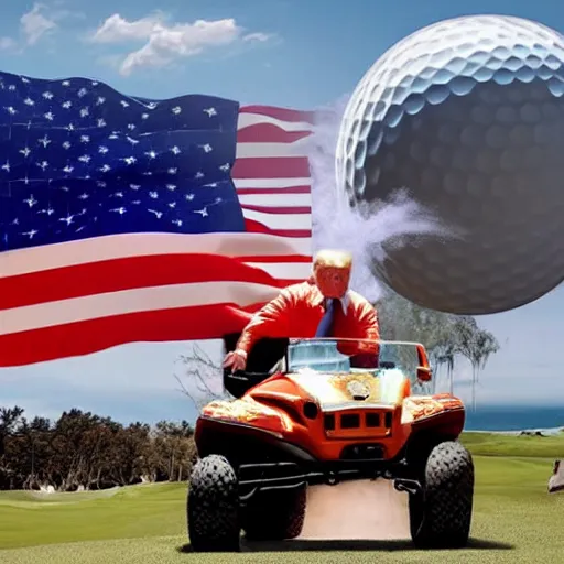 Prompt: donald trump riding a nuke, dirt bikes, golf cart, america flag, prison