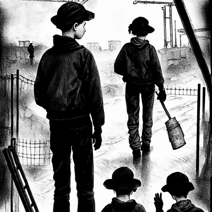 Prompt: [ sadie sink in dirty workmen clothes ] [ waves goodbye ] to workmen. near a gate. background : factory, dirty, polluted. technique : black and white pencil and ink. by gabriel hardman, joe alves, chris bonura. cinematic atmosphere, detailed and intricate, perfect anatomy