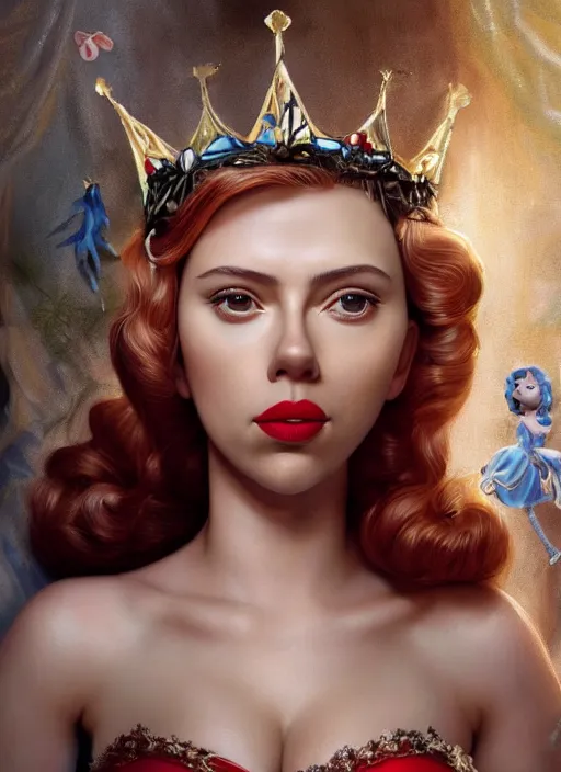 Image similar to closeup face profile portrait of tin toy scarlett johansson as a fairytale princess wearing a crown eating cakes, bikini, depth of field, zeiss lens, detailed, symmetrical, centered, fashion photoshoot, by nicoletta ceccoli, mark ryden, lostfish, breathtaking, 8 k resolution, extremely detailed, beautiful, establishing shot, artistic, hyperrealistic, octane render