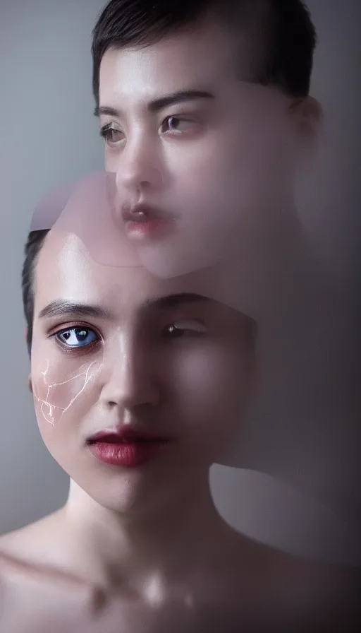 Prompt: FujiFilm X-T3 + XF50-140mm f/1.4 photograph of Arca emerging from fog, Arca mechanical limbs, Arca opal flesh, Arca face portrait with translucent aerogel skin