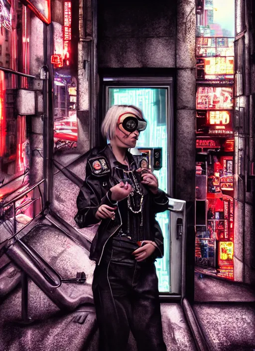 Image similar to portrait photo, 3 5 mm lomography, female doorwoman, gang clothing fashion, id magazine, hyperrealism, detailed textures, photorealistic, cyberpunk apocalyptic city, ultra realistic, cinematic, intricate, cinematic light, 8 k, david la chapelle, david kostic, artgerm