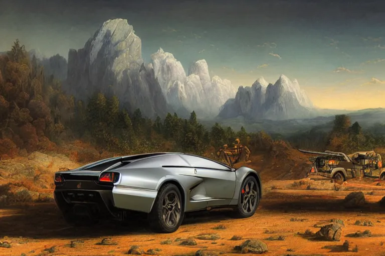 Prompt: a futurisitic well designed car by jeep and honda and lamborghini and boeing, military, mountains in the distance, day, summer, painting by asher brown durand and star wars movie, ultra mega detailed, beautiful realistic photo, professional photography, perfect