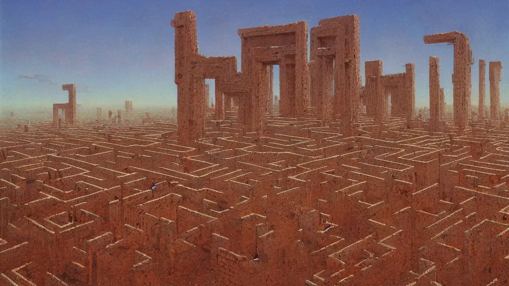Image similar to atmospheric ancient ruins of a giant maze in the desert by beksinski and peter gric and bruce pennington
