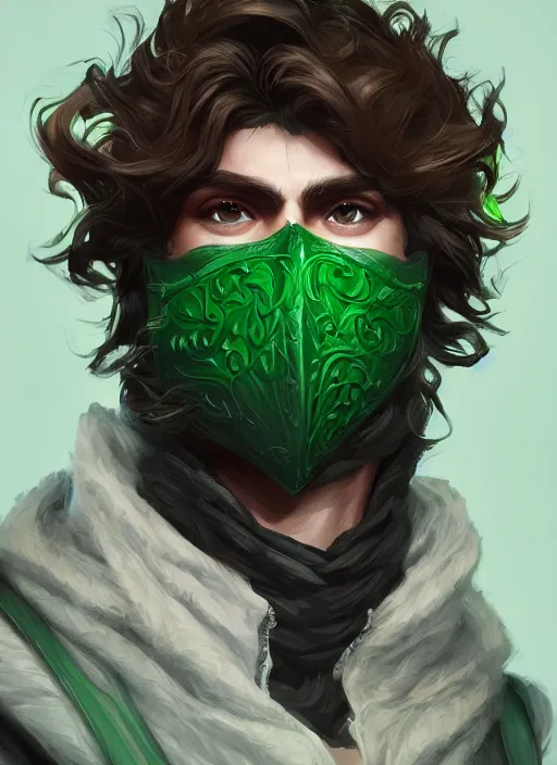 Prompt: a highly detailed illustration of young thick wavy messy haired guy wearing green face mask and brown noir coat intricate, elegant, highly detailed, centered, digital painting, artstation, concept art, smooth, sharp focus, league of legends concept art, wlop