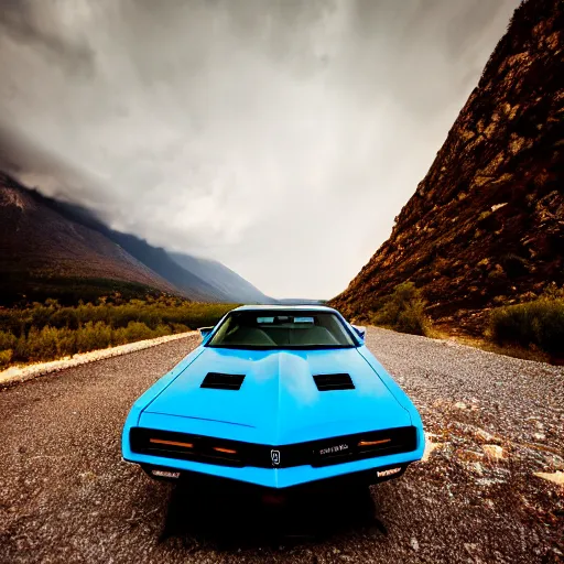 Prompt: pontiac firebird transam driving towards the camera, mountain scape, landscape photography, mountains, cinematic, wide shot, low angle, huge mountains, thunder storm, tornado