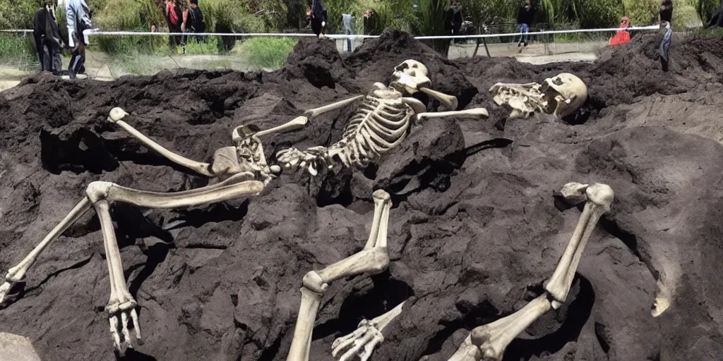 Image similar to giant human skeleton 2 0 feet tall discovered in the labrea tar pits in los angeles, on display media event, amazing, in the style of a news report