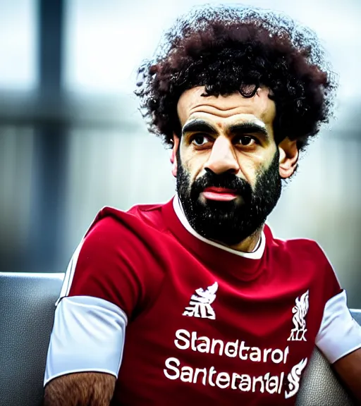 Image similar to A beautiful photo of Mo Salah the king sitting on his throne, award winning photography, sigma 85mm Lens F/1.4, perfect faces, cinematic shot, photorealistic, 8k