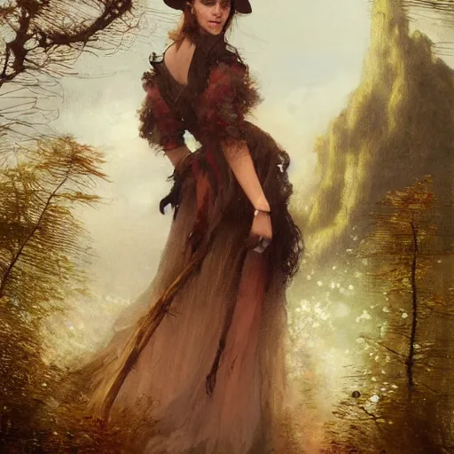 Prompt: a full body portrait of emma watson wearing witch dress and hat, high detail, cleary see face, by gaston bussiere, bayard wu, greg rutkowski, odd nerdrum, maxim verehin, dan dos santos, masterpiece, sharp focus, cinematic lightning