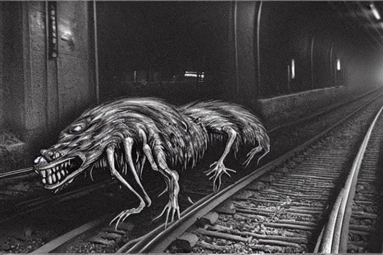 Image similar to very large giant mutant zombie irradiated ( angry rat ) staying on railways in tonnel of moscow subway. tonnel, railways, giant angry rat, furr, fangs, claws, very realistic. fog, extreme long shot, herman nitsch, giger.