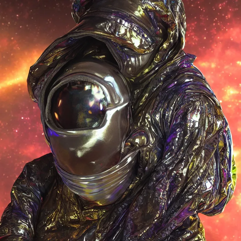 Image similar to dark and moody octane render portrait by wayne barlow and carlo crivelli and glenn fabry, subject is a woman covered in tie - dye aluminum foil space suit with a colorful metallic space helmet, surrounded by alien plants, fog and mist, cinema 4 d, ray traced lighting, very short depth of field, bokeh