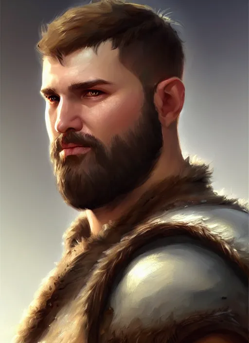 Image similar to a _ fantasy _ style _ portrait _ painting _ of chubby white barbarian male very short hair short stubble, brown hair, rpg dnd oil _ painting _ unreal _ 5 _ daz. _ rpg _ portrait _ extremely _ detailed _ artgerm _ greg _ rutkowski _ greg