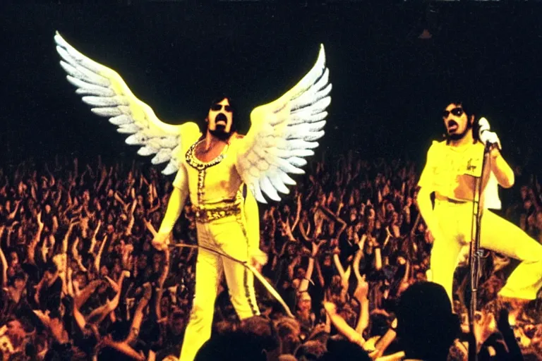 Image similar to freddie mercury singing at a death metal punk concert. mosh pit, elaborate clothing, violent rock concert yellow and white clothing, huge angel wings - s 1 5 0