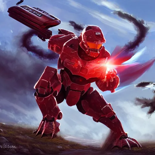 Prompt: beautiful realistic fantasy painting of groudon the pokemon fighting halo master chief volumetric lighting, trending on art station, polarizer filter t