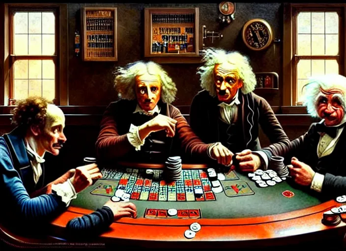 Prompt: isaac newton and stephen hawkins and albert einstein playing poker in an old west saloon, intricate, highly detailed, centered, digital painting, artstation, concept art, smooth, illustration, art by james gurney and norman rockwell and greg rutkowski