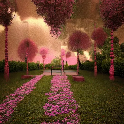 Image similar to 8k, octane render, realism, tonalism, renaissance, rococo, baroque, empty renaissance park, pink flowers, chaotic gold leaf flowers