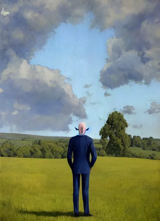Prompt: upper body portrait of blue-faced nosferatu in a suit, english countryside in the background, sunny day, by norman rockwell and frank schoonover, photoreal, character concept art, artstation