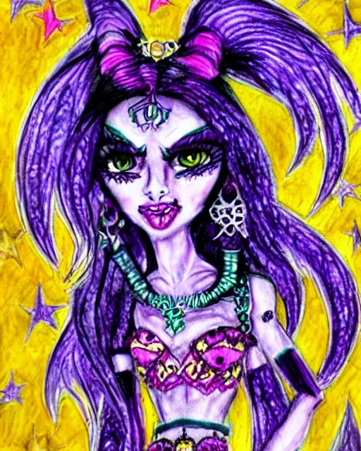 Image similar to josephine wall watercolor pencil drawing of a monster high universe clawdeen wolf fullmoon