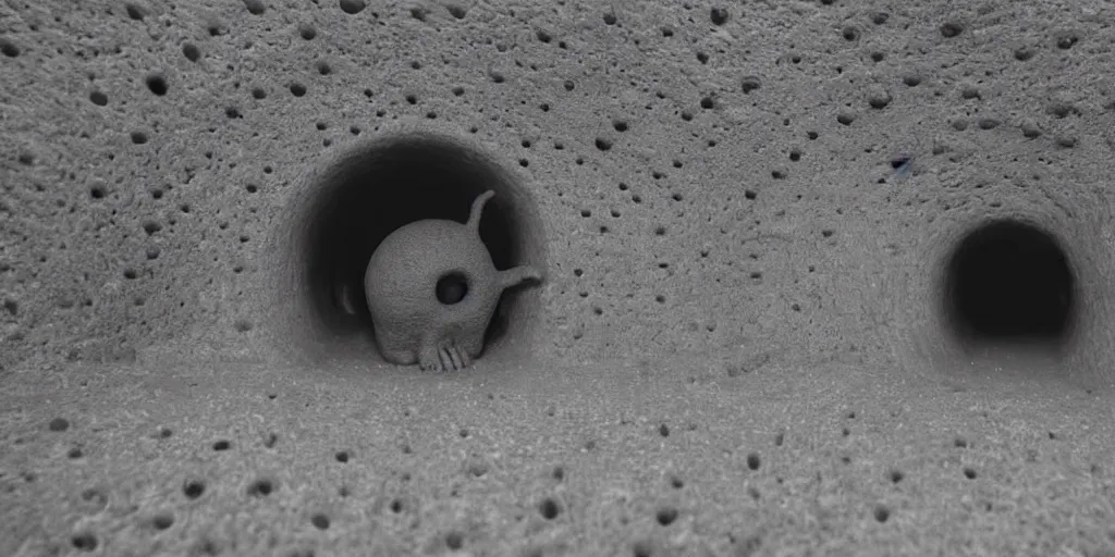 Prompt: nostalgic hyper liminal photo, sponge with many tunnels inside each hole, tunnels lead to different worlds, surreal, ominous creature hiding detailed, high definition, mysterious, low quality photo, surrealist depiction of a normal sponge, trending, m. c. esher