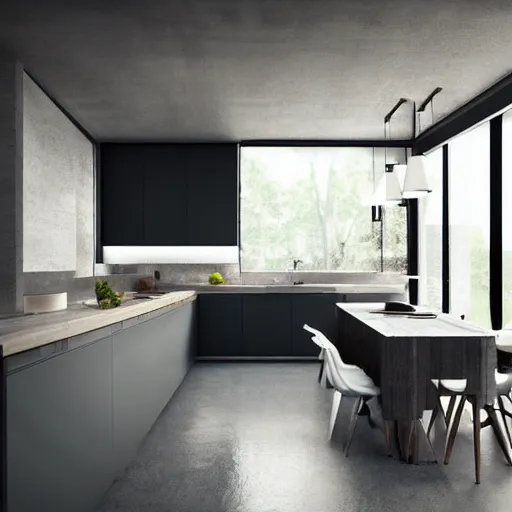 Image similar to brutalist house kitchen interior design ominous dark powerful giant open space high quality furniture octane render