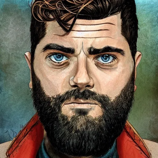 Prompt: beautiful portrait of a man with a short-beard (looking like joshua jackson and aaron paul), in the style of Enki Bilal and Joe Jusko and Alex Ross, trending on artstation