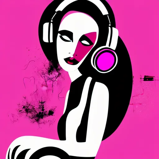 Image similar to vector style the abstract painting of an image of a lady DJ, playing live, artistic flat illustration, post apocalyptic, minimal figure art, soft colors mono chromatic, art in the style of Bryen Frost