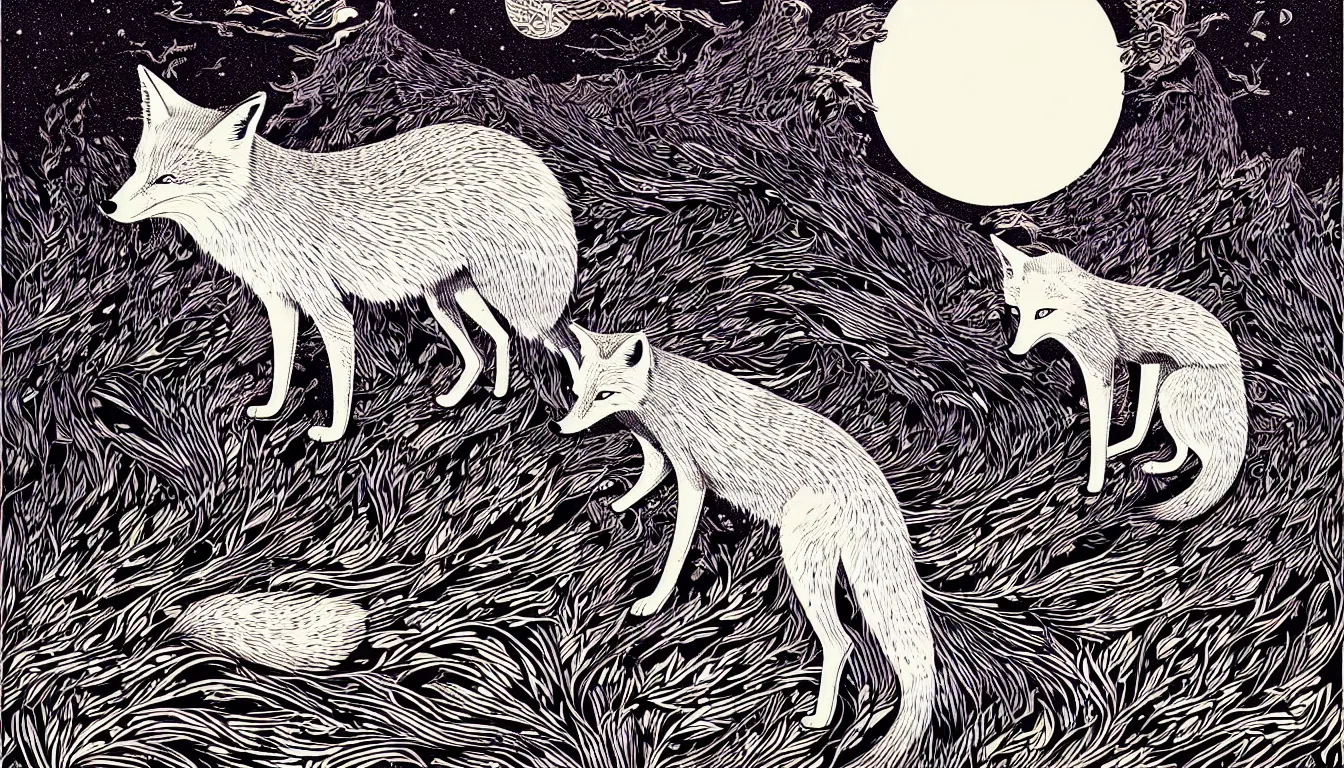 Prompt: fox by woodblock print, nicolas delort, moebius, victo ngai, josan gonzalez, kilian eng