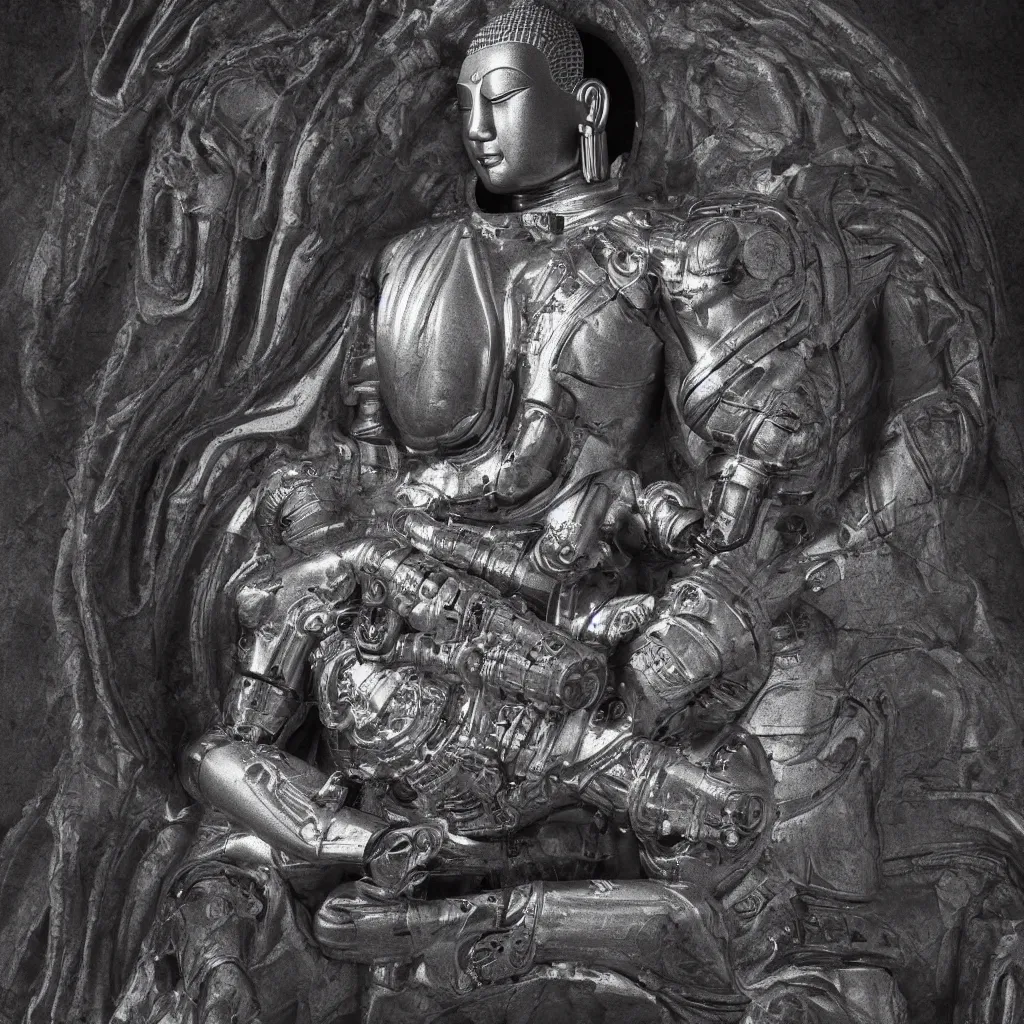 Prompt: cyborg astronaut buddha meditating , detailed intricate insanely detailed octane render, 8k artistic 1920s photography, photorealistic, black and white, chiaroscuro, hd, by David Cronenberg, Raphael, Caravaggio