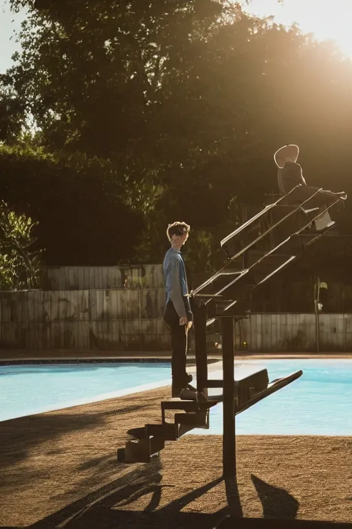 Image similar to troye sivan standing on the diving board, red weapon 8 k s 3 5, cooke anamorphic / i lenses, highly detailed, cinematic lighting