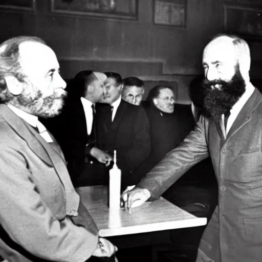 Image similar to karl marx and vladimir putin discussing capitalism, photo 1960, restaurant background