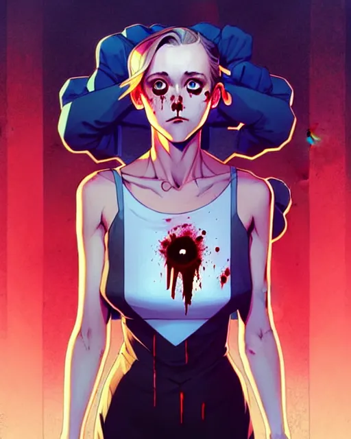 Image similar to artgerm, joshua middleton comic cover art, pretty serial killer maika monroe full body, creepy smiling, covered in blood, symmetrical eyes, symmetrical face, long curly brown hair, standing in front of an abandoned house background