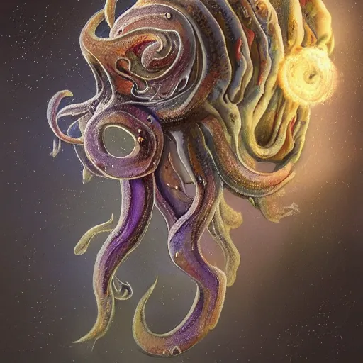 Image similar to a wlop 3 d render of very very very very highly detailed beautiful mystic portrait of a phantom undead flamboyant cuttlefish with whirling galaxy around, tattoos by anton pieck, intricate, extremely detailed, digital painting, artstation, concept art, smooth, sharp focus, illustration, intimidating lighting, incredible art,