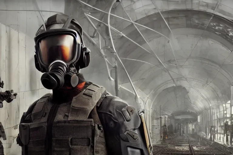 Image similar to vfx movie closeup real life gordon freeman holding wearing futuristic armor, half life logo on chest, crowbar in russian train yard, futuristic white swat team in gas masks approaching by emmanuel lubezki