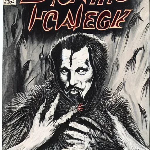 Image similar to vincent price as howard hughes in long black feathered cloak, black hands tipped with black claws, feathers growing out of skin, at opulent desk, comic book cover, vivid, illustration, highly detailed, rough paper, dark, oil painting