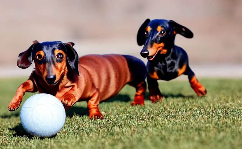 Prompt: happy dachshund catching a ball