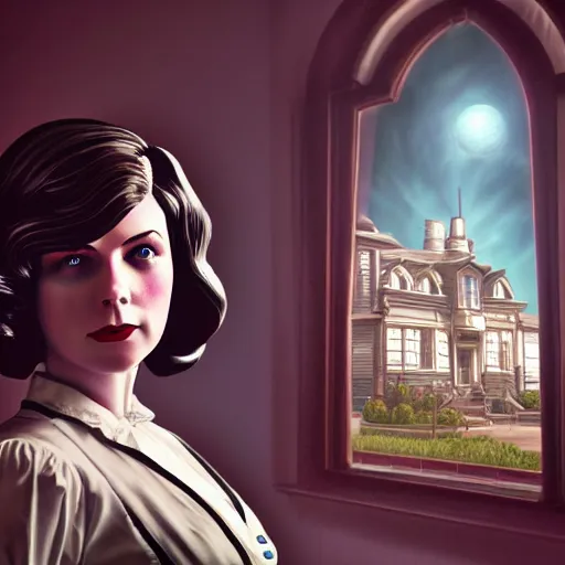 Image similar to elizbeth from bioshock infinite detailed portrait digital painting of elizbeth from bioshock infinite, mansion interior in the background, unreal engine, hyper realism, realistic shading, cinematic composition, blender render, octane render, hdr, detailed textures, photorealistic, 3 5 mm film