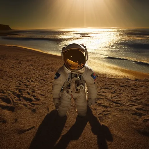 Image similar to an astronaut relaxing on the beach, dramatic lighting, cinematic, extremly high detail, photorealistic, cinematic lighting, nasa footage