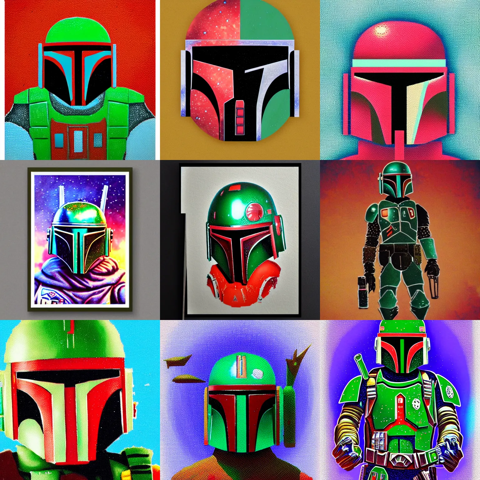 Prompt: retro futuristic boba fett character portrait, pointillism