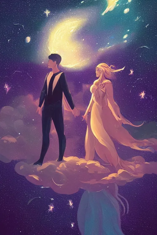 Prompt: man and woman sea and night sky with stars and galaxies, ornate detailed background, trending on artstation, by rossdraws