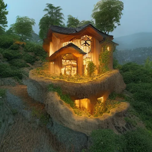 Image similar to small hillside house made of honey, modern lighting, hyper - realistic, hyper - detailed, 8 k, octane rendered, art nouveau, organic, flowing, impossible torsion, writhing, dynamic