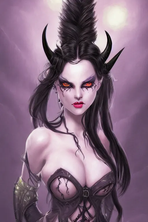 Prompt: portrait of female succubus with black hair and glowing yellow eyes and horns, dnd, fantasy, intricate, elegant, highly detailed, digital painting, artstation, concept art, smooth, sharp focus, illustration, art by narcisse navarre