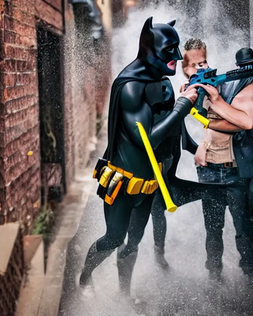 Image similar to happy batman firing super soaker water gun at playful criminals in an alleyway, everyone having fun, product advertisement, photography