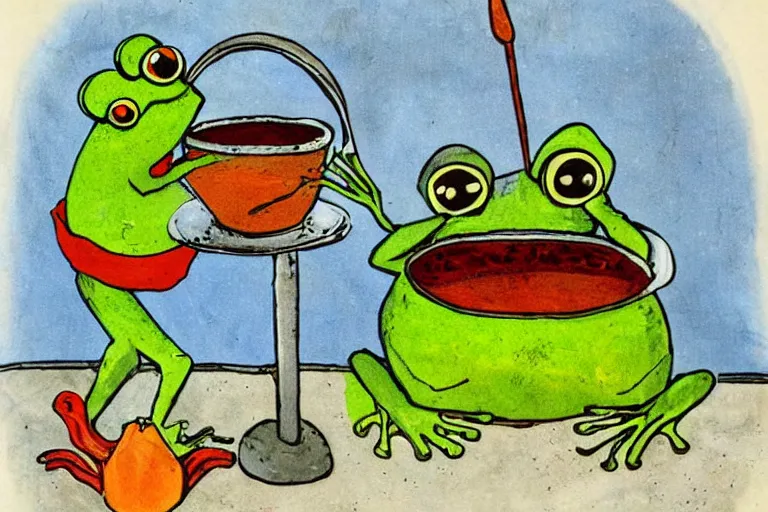 Image similar to frog cooking a pot of stew, folk art, childrens book illustration