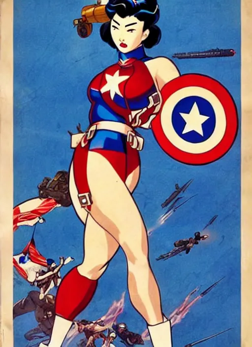 Image similar to asian female captain america. feminist captain america wins ww 2. american ww 2 propaganda poster by masamune shirow, rob liefeld and pixar. gorgeous face. geisha. pin up. overwatch.