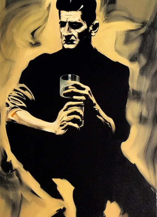 Prompt: dale cooper drowning in coffee, black waves, painting by phil hale, fransico goya, david lynch,'action lines '!!!, graphic style, visible brushstrokes, motion blur, blurry