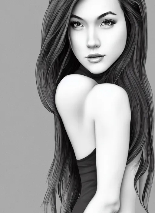 Image similar to full body portrait of a beautiful young woman in black and white, photorealistic, hair down to waist, sharp focus, in the style of Kevin Kostic, Stephen Lau and artgerm, hyper sharp focus, 8k highly detailed