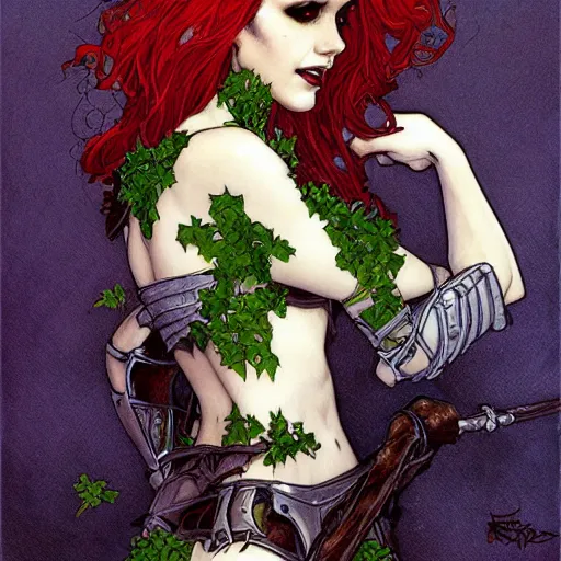 Image similar to a beautiful painting of poison ivy dressed as a teenage vampire, leather armored, dark eyeliner, intricate, elegant, highly detailed, digital painting, artstation, concept art, matte, sharp focus, illustration, art by rebecca guay and by arthur rackham and by alphonse mucha and by john william waterhouse