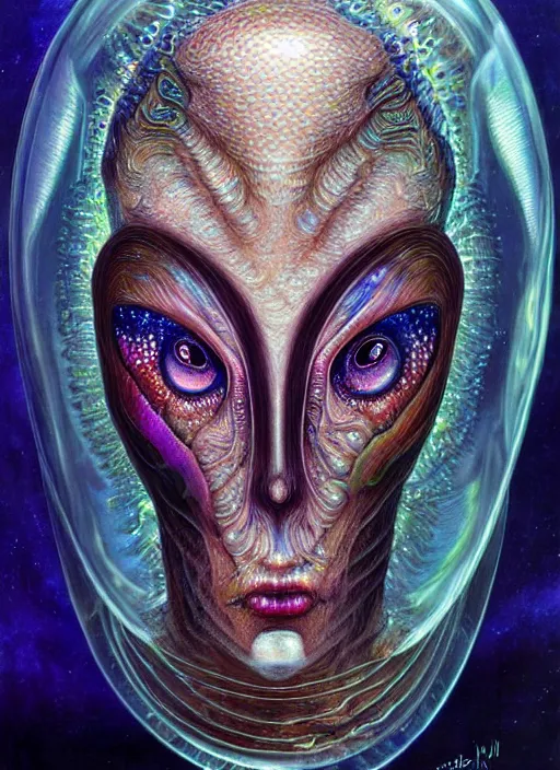 Prompt: biopunk alien portrait by julie bell, fish skin, intricate biopunk patterns, ethereal hair, iridescent eyes, glass bubble helmet, escaping air bubbles, underwater, detailed!, very sharp!!!