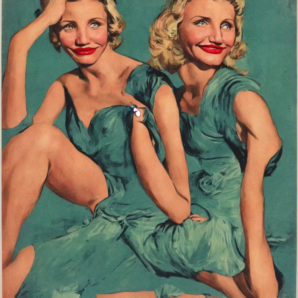 Image similar to Cameron Diaz portrait, color vintage magazine illustration 1950