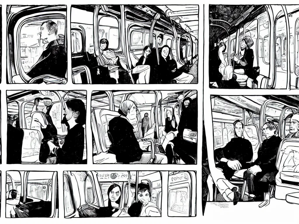 Image similar to a single comic panel by Daniel Clowes, 3/4 low angle view wide shot of two people sitting in an empty Chicago subway train, in front of windows: a sad Aubrey Plaza in a parka and a friendly Mads Mikkelsen in a suit