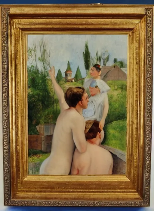 Prompt: vintage beautiful painting of 2 gay men looking a giant pear in a village in Mary Cassatt style